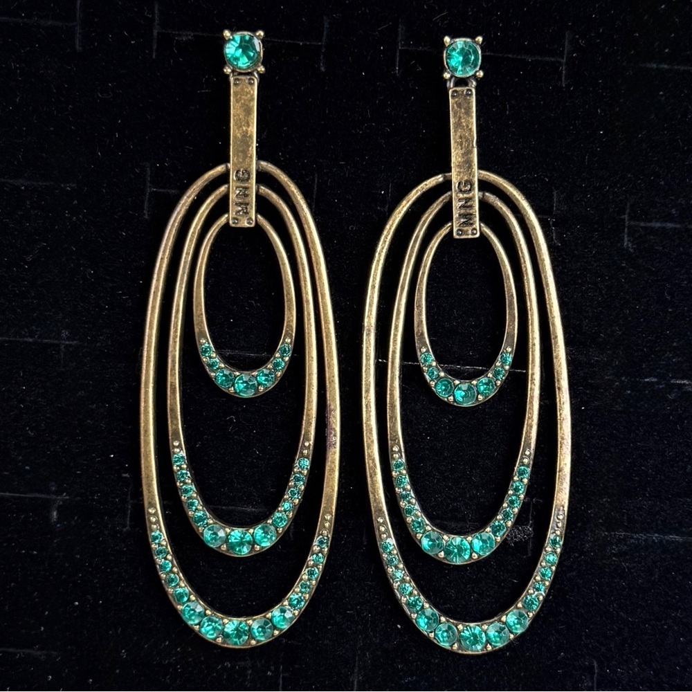Weighted, brass tone and green bling MNG long costume pierced earrings
